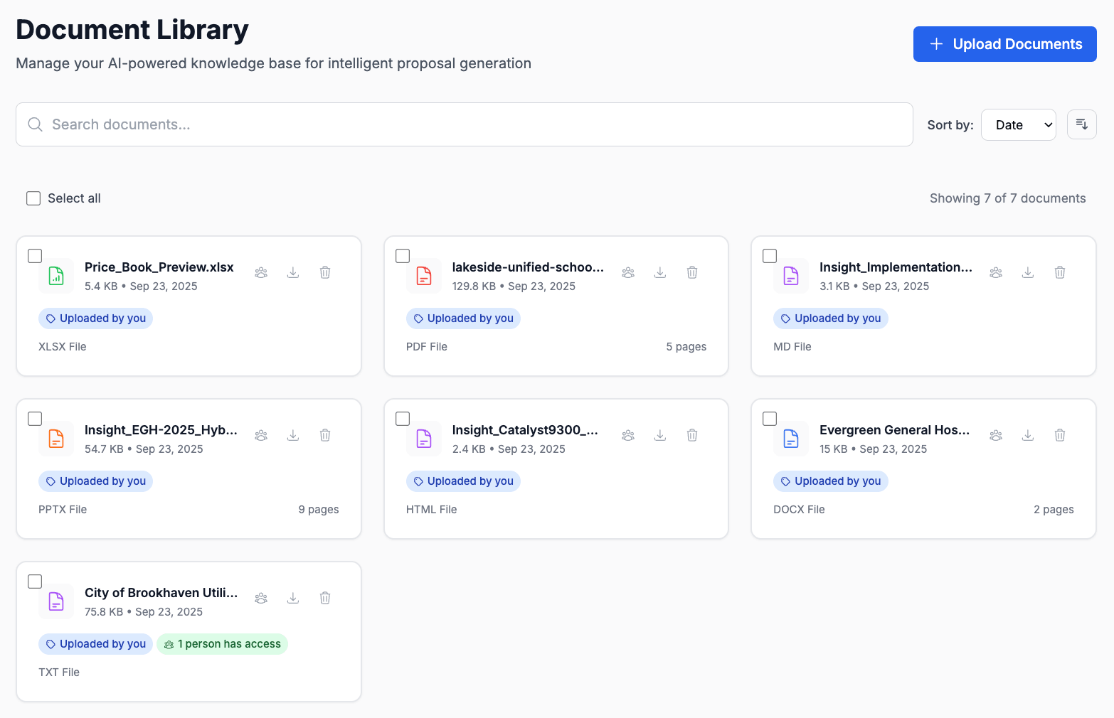 AI-powered document upload interface for RFP automation software showing drag-and-drop functionality for multiple file formats including PDF, DOCX, PPTX, and Excel files with automatic text extraction and intelligent knowledge base building for proposal generation