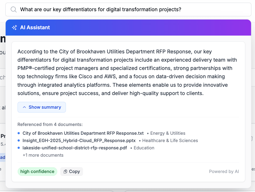 Intelligent RFP analysis dashboard for government contracting showing automated requirement extraction, compliance checking, evaluation criteria matching, and AI-powered proposal section generation with company knowledge integration