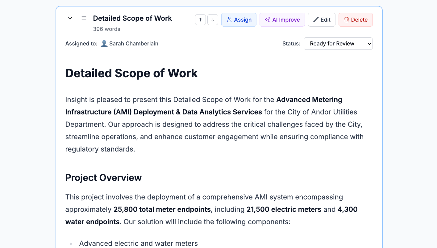 Team collaboration workspace for proposal management with real-time editing capabilities, comment system, version control, role-based permissions, and professional Word/PDF export options for final RFP submission